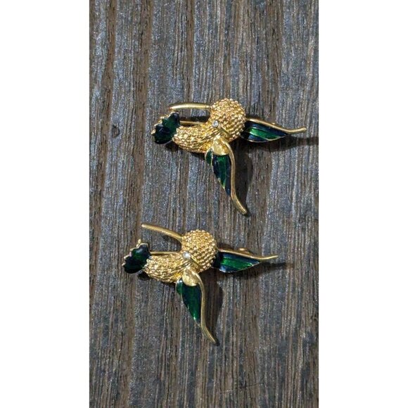 Vintage Hummingbird Brooch Set - Gold Tone & Green Enamel - 1.5 Inches - Picture 8 of 10